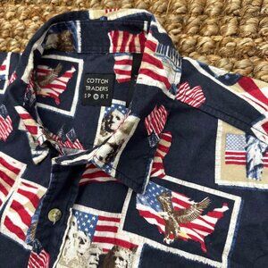 USA Flag America Themed Button Down Print Shirt (Large) Cotton Traders Red White